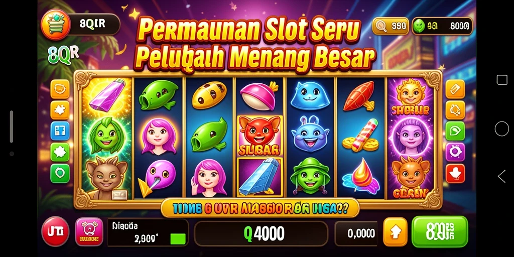 Screenshot gameplay 8QR yang menampilkan gulungan dan simbol slot.