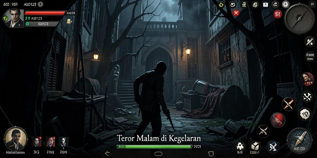 Screenshot gameplay ASD123 yang menunjukkan suasana horor yang menakutkan.