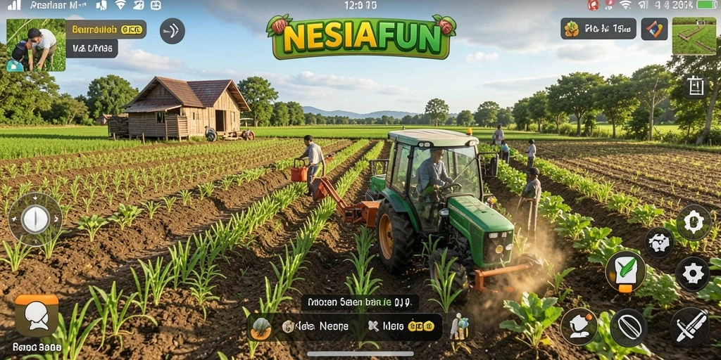 Screenshot utama NESIAFUN menampilkan aktivitas bertani yang seru dan menarik.