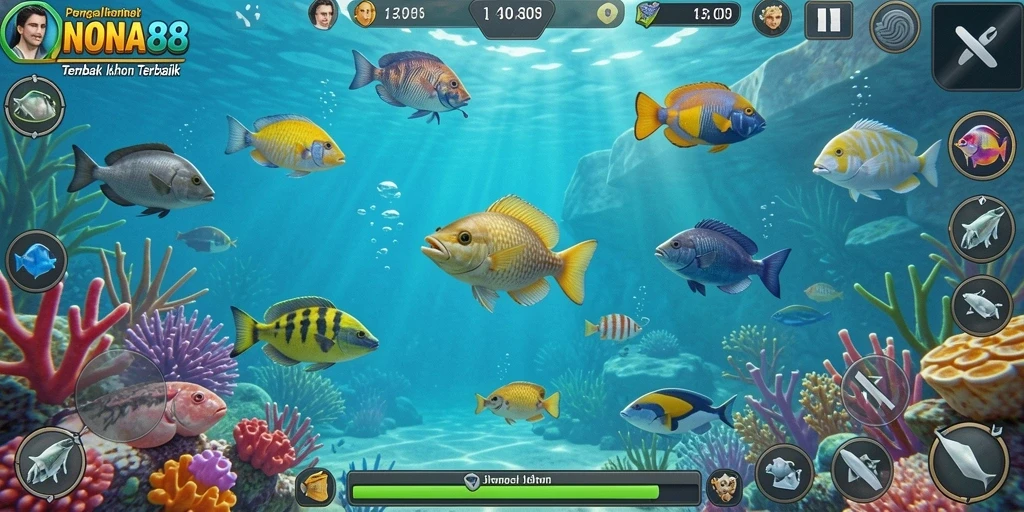 Screenshot utama NONA88 menampilkan aksi gameplay mendebarkan Tembak Ikan.