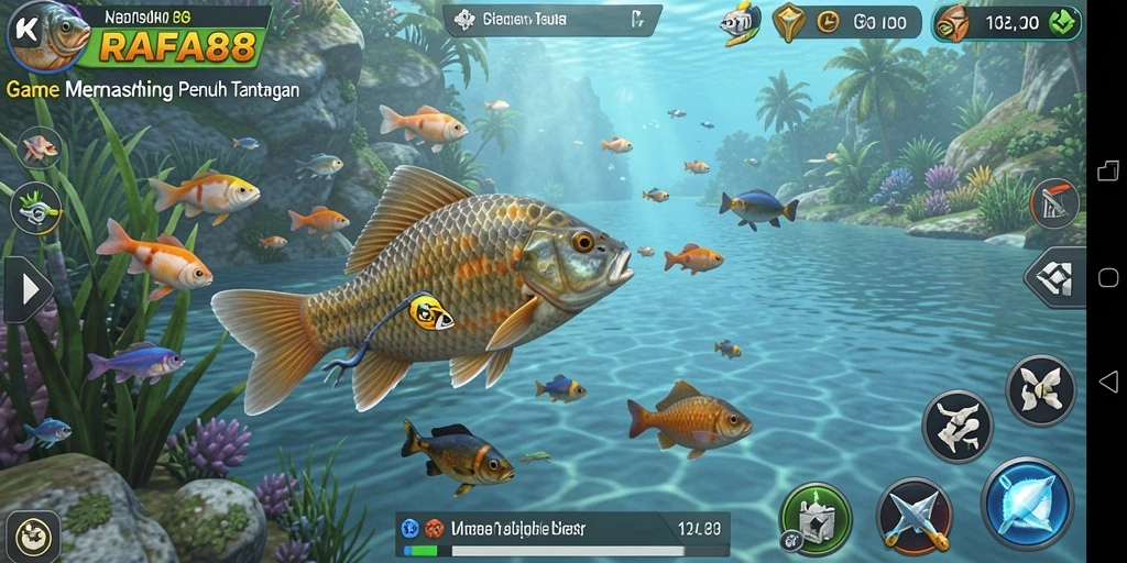 Tampilan gameplay RAFA88 yang seru dengan aksi menangkap ikan.
